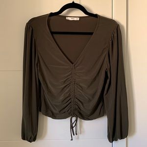 Mango MNG dark green ruched tie v-neck blouse (size S)